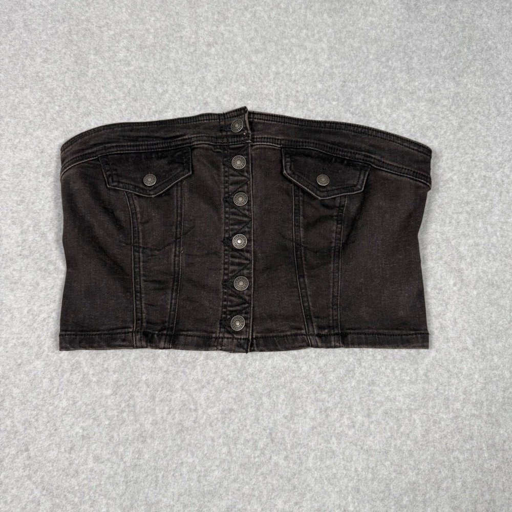 American Eagle Black Denim Tube Top Button Down Strapless Corset Crop Top L